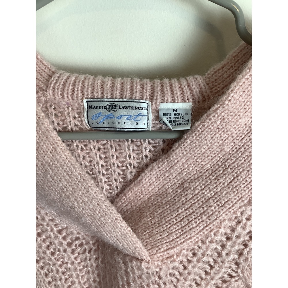 Maggie Lawrence Pink Pointelle Cable Knit Sweater Vintage Womens Medium V-Neck - Picture 2 of 3
